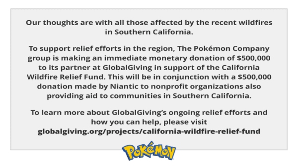 Pokemon & Niantic Donates 1 Million Dollars to California Wildfire Relief